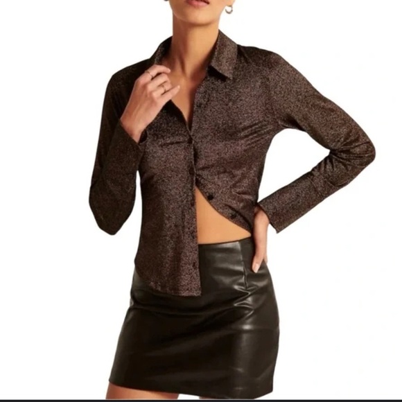 NWOT Abercrombie & Fitch Brown Sparkle Metallic Button Blouse Small - Picture 1 of 8